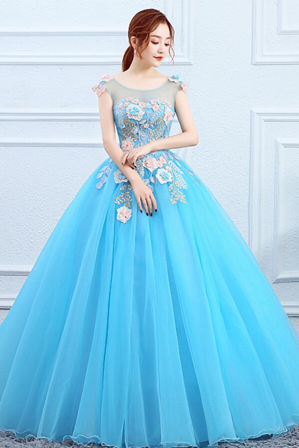 Sky Blossom Illusion Tulle Ball Gown