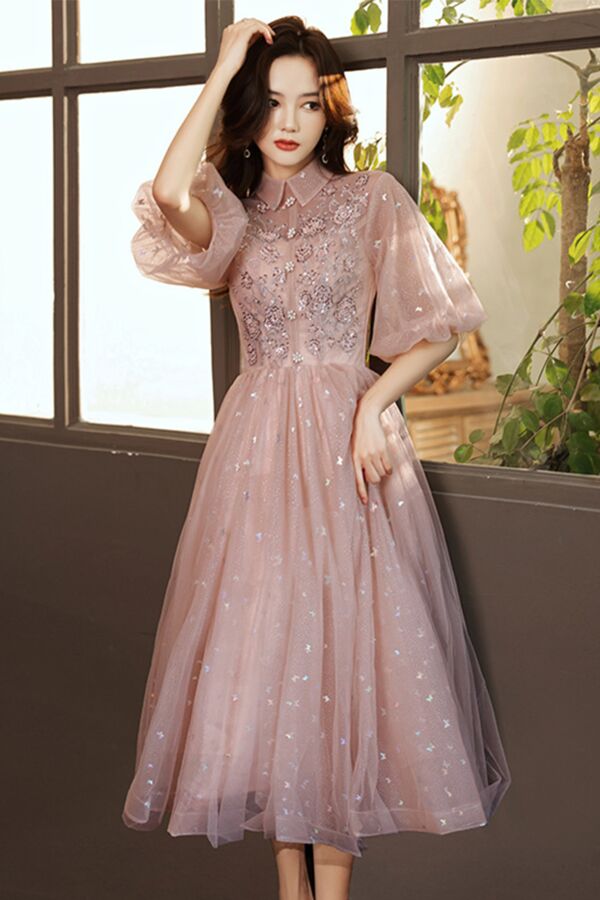 Rose Stardust Collared Tulle Midi Dress