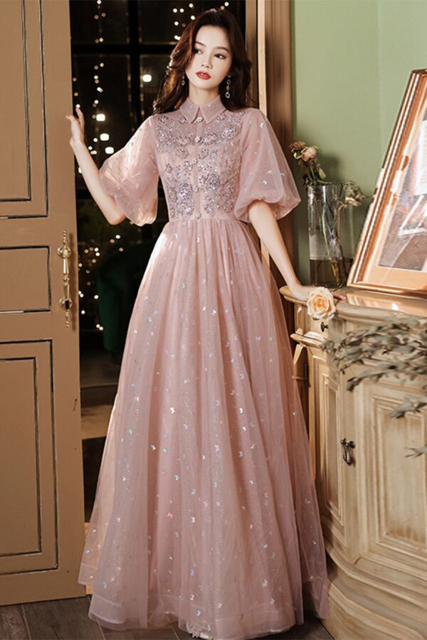 Rose Stardust Collared Tulle Gown