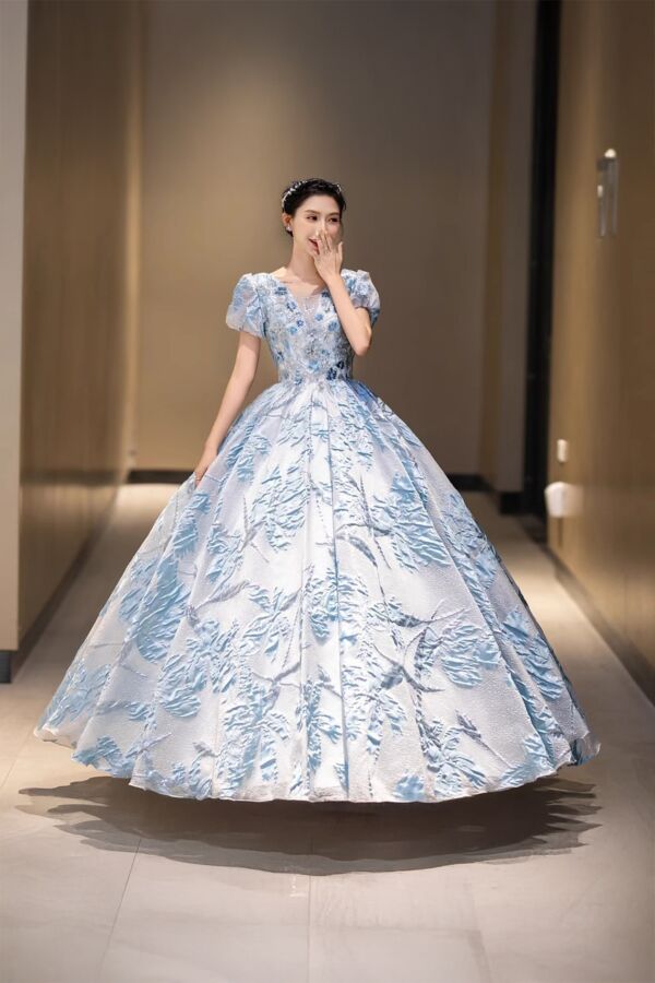 Icy Bloom – Textured Floral Ball Gown with Elegant Embroidery