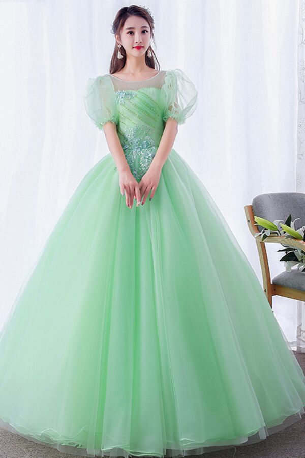 Mint Blossom Puff-Sleeve Tulle Ball Gown