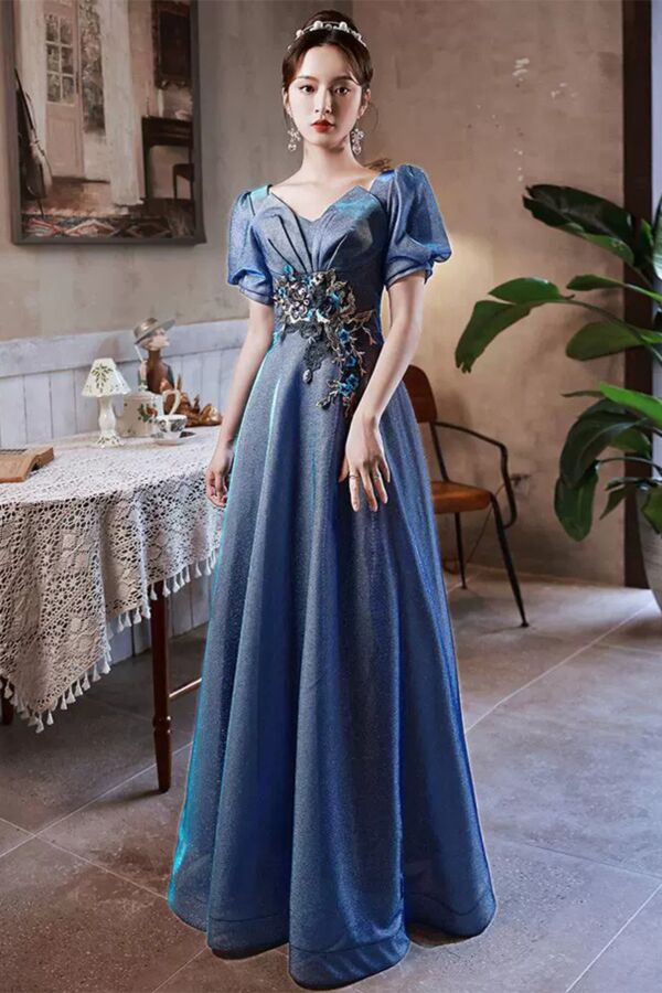 Sapphire Aurora Iridescent Puff-Sleeve Gown