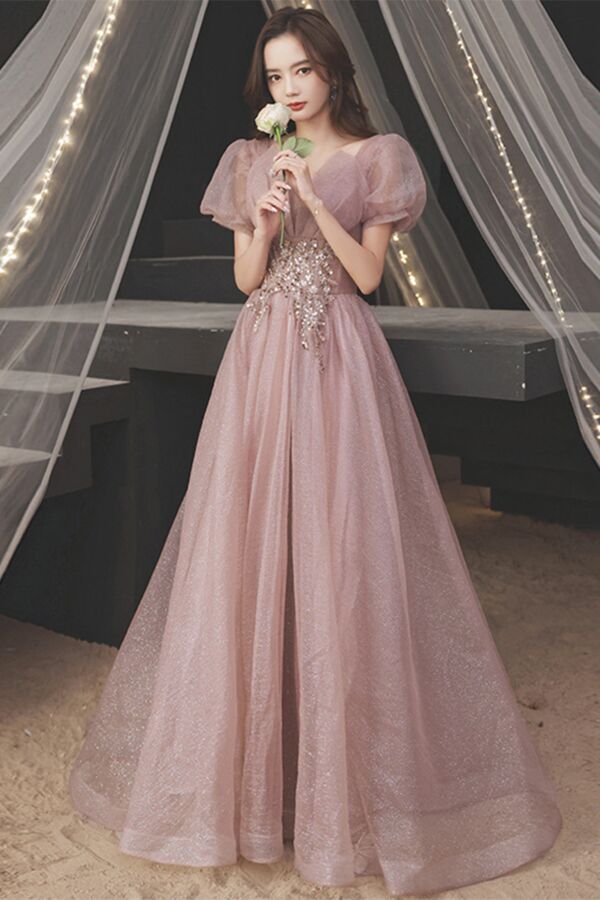 Blush Aurora Glitter Puff-Sleeve Tulle Gown