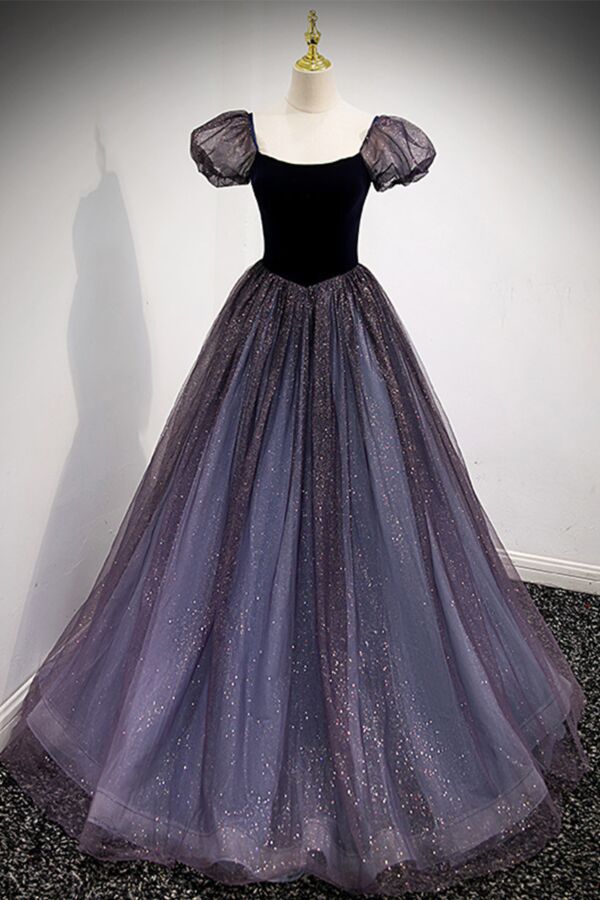 Twilight Nebula Puff-Sleeve Glitter Ball Gown