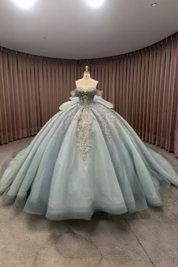 Frozen Majesty – Silver Blue Off-Shoulder Ball Gown