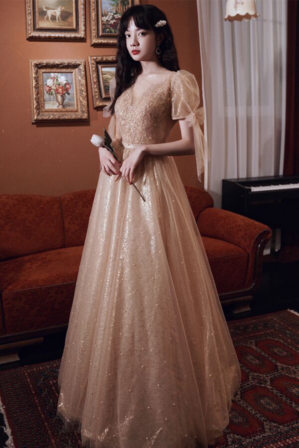 Champagne Starlight Puff-Sleeve Tulle Gown