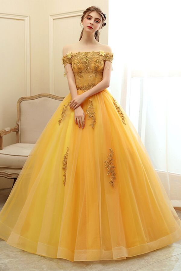 Golden Aurora Off-Shoulder Tulle Ball Gown