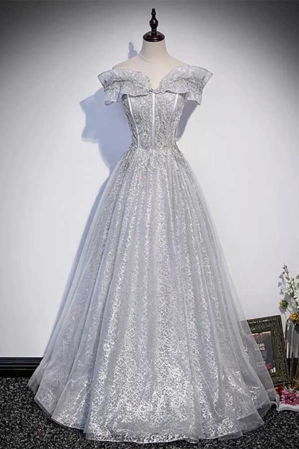 Silver Frost Ruffled Off-Shoulder Ball Gown