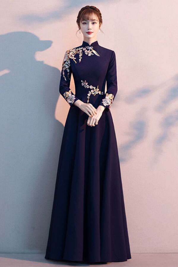 Midnight Peony Embroidered Mandarin-Collar Gown