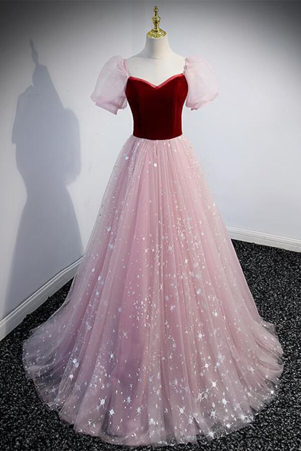 Crimson Velvet Starfall Puff-Sleeve Tulle Ball Gown