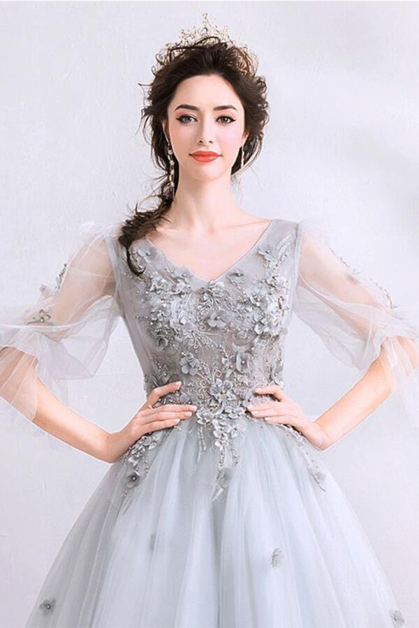 Silver Mist 3D Blossom Illusion Tulle Gown