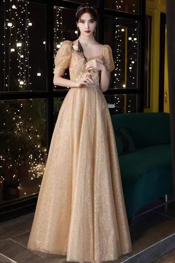 Champagne Opulence Puff-Sleeve Brocade Gown