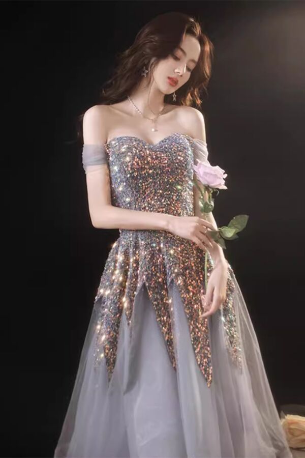 Cool Grey Glitter Formal Dress — Fitted Bodice, Sheer Tulle Skirt