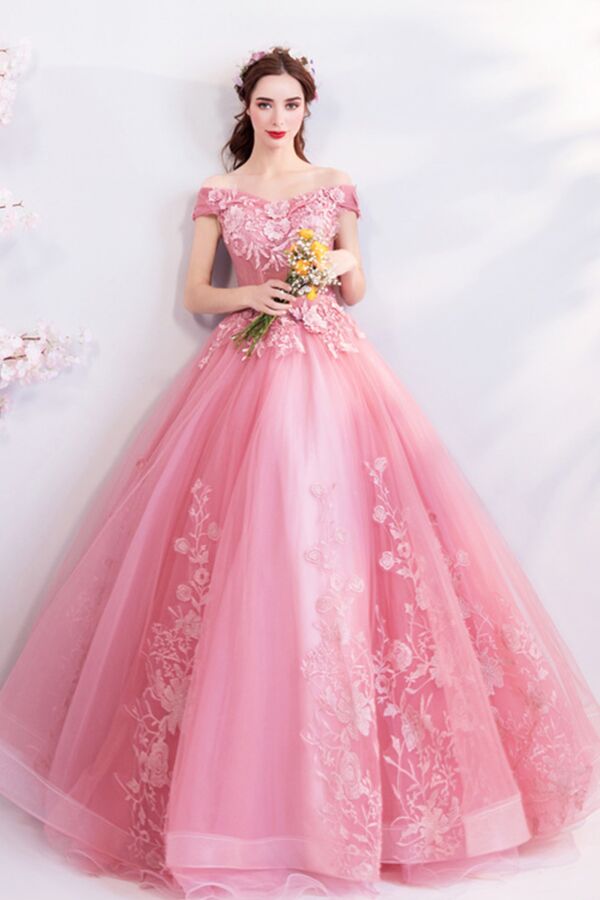 Rose Pink Princess Dress | Off-the-Shoulder Embroidered Tulle | Prom/Formal