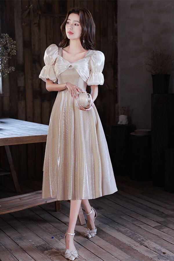 Gold Glitter A-Line Cocktail Dress | Tea-Length | Puff Sleeves