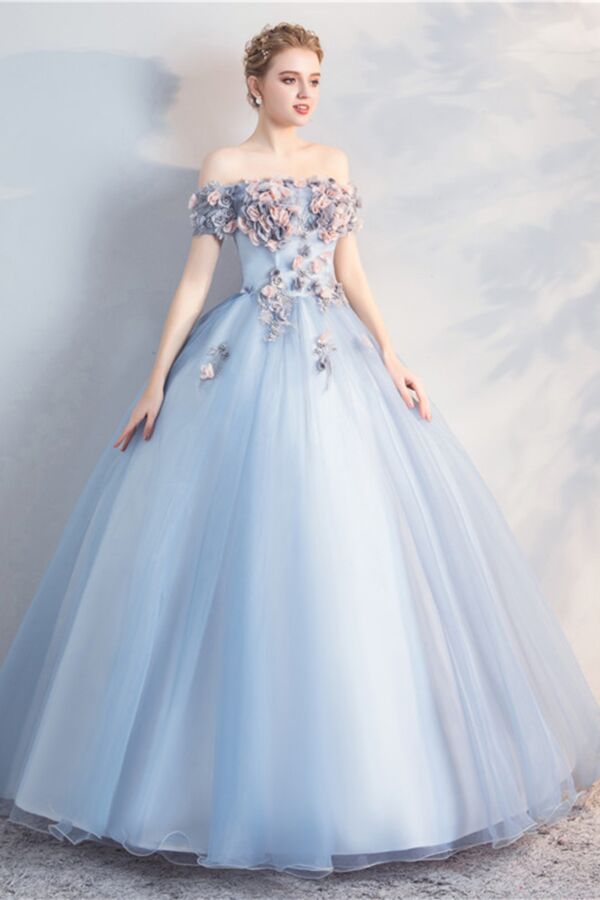 Powder Blue Princess Dress | Off-the-Shoulder Embroidered Tulle 