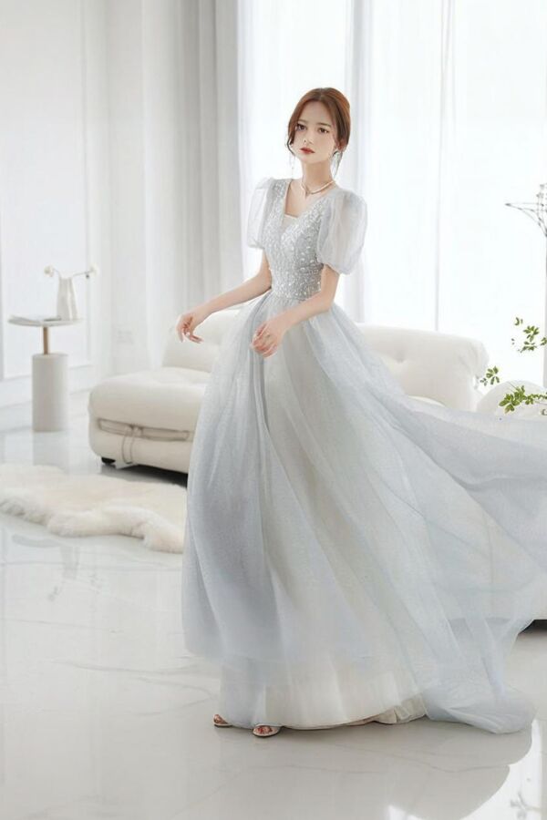 Light Grey Glitter Tulle A-Line Formal Dress | Puff Sleeves | Floor-Length