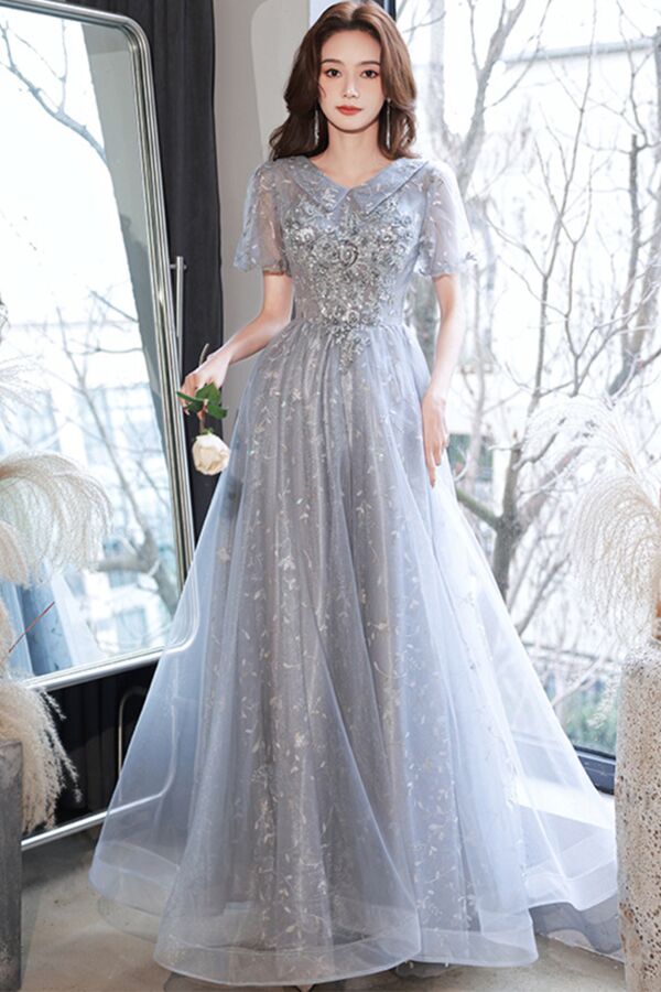 Dusty Blue V-Neck Embroidered Tulle Evening Gown