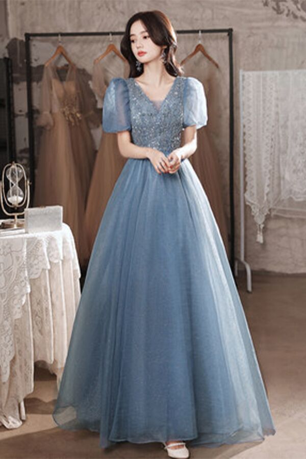 Dusty Blue Puff-Sleeve V-Neck Sequin Tulle Evening Gown