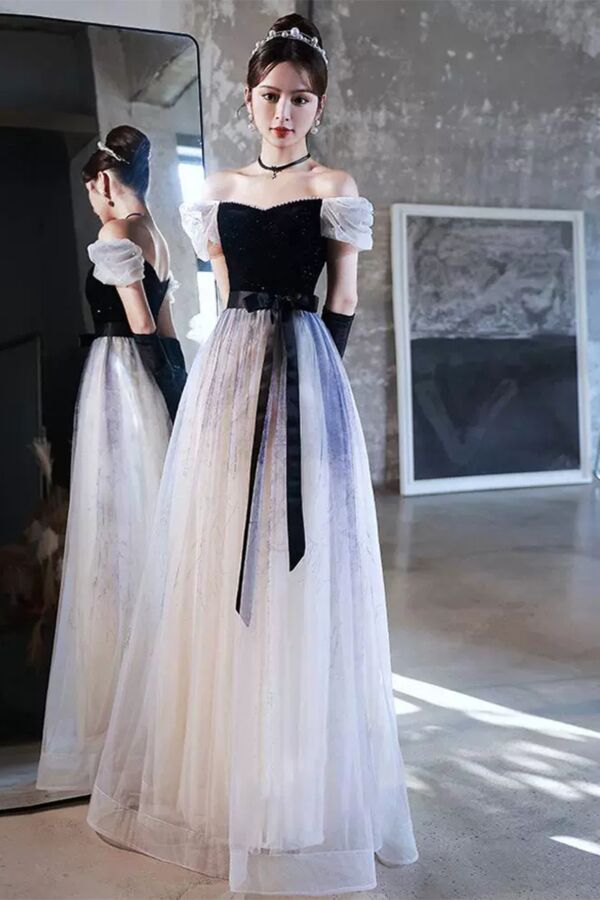 Monochrome Ombre A-Line Gala Dress | Off-Shoulder Puff Sleeves