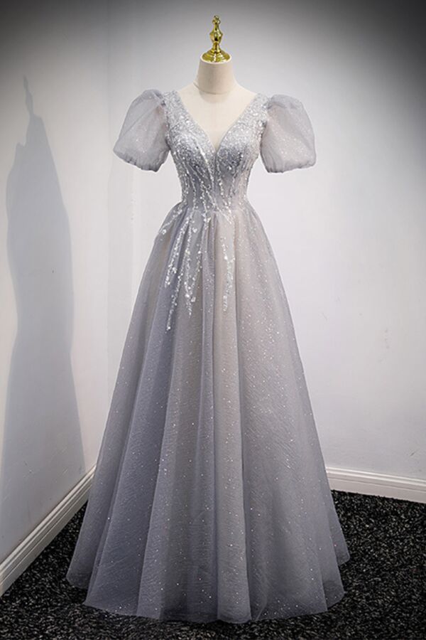Light Grey Sparkle Prom Dress — Puff Sleeves, Flowing Tulle Skirt