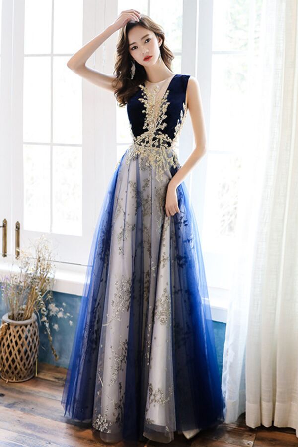 Deep Blue Sleeveless Ball Gown | Gold Appliqué | Gradient Tulle Skirt