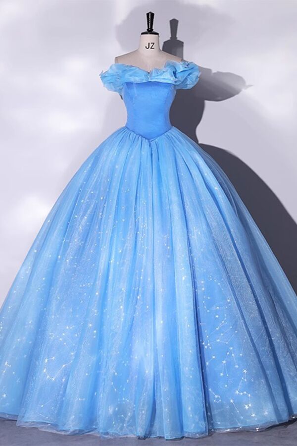 Powder Blue Sparkle Tulle Ball Gown — Ruffled Neckline, Full Skirt