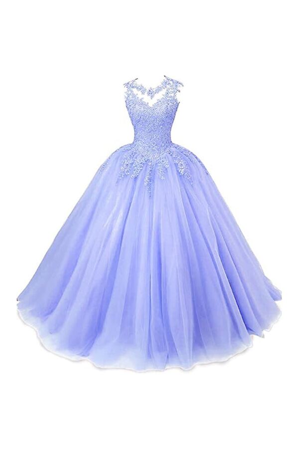 Periwinkle Illusion-Neck Lace Appliqué Tulle Ball Gown