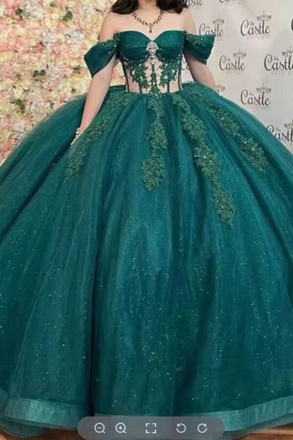 Emerald Off-Shoulder Corset Ball Gown — Glitter Tulle & Floral Appliqué