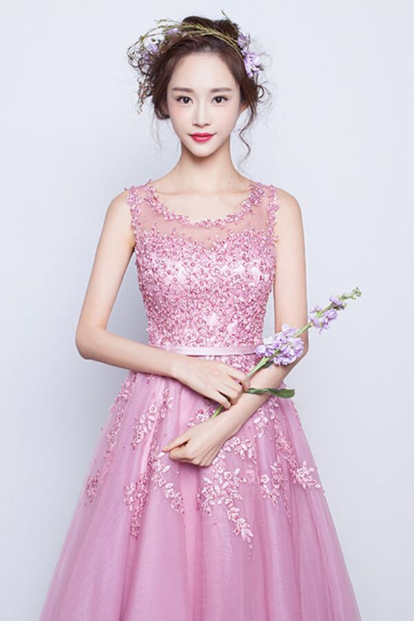 Blush Pink Illusion-Neck Beaded Lace Tulle Evening Gown