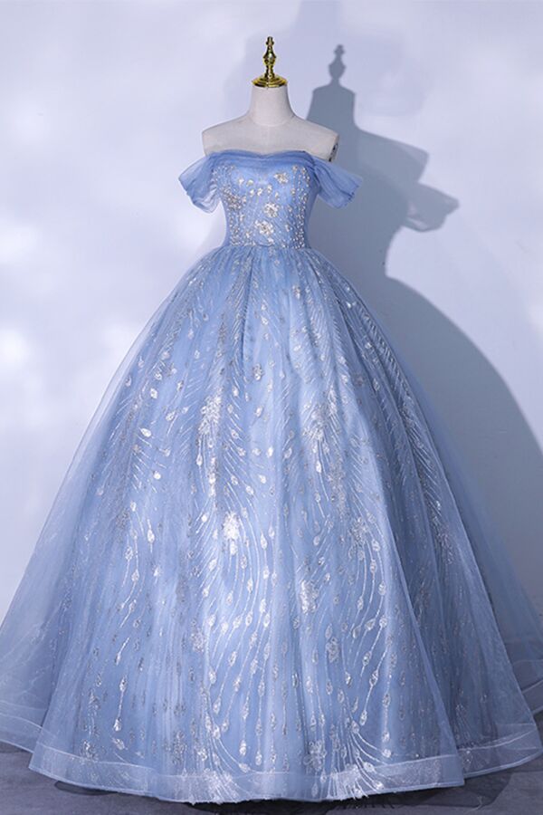 Ice Blue Off-Shoulder Glitter Tulle Ball Gown