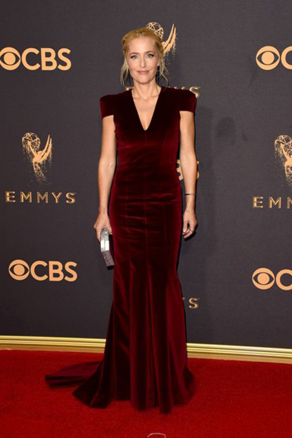 Gillian Anderson Burgundy Velvet Mermaid Dress Emmys 2017
