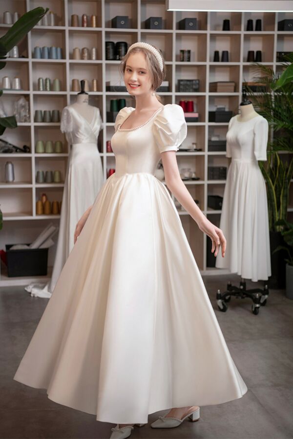 Ivory Satin Puff-Sleeve Pearl-Trim Square-Neck Gown