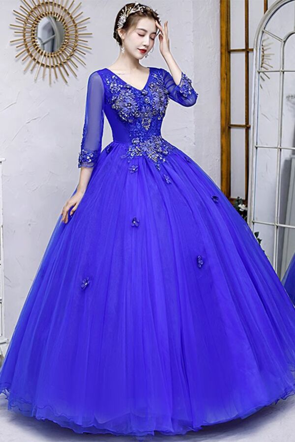 Royal Blue V-Neck Beaded Tulle Ball Gown with Sheer 3/4 Sleeves