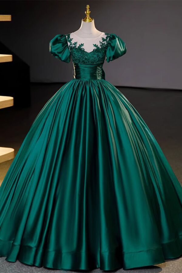 Emerald Satin Puff-Sleeve Ball Gown with Lace Illusion Neck