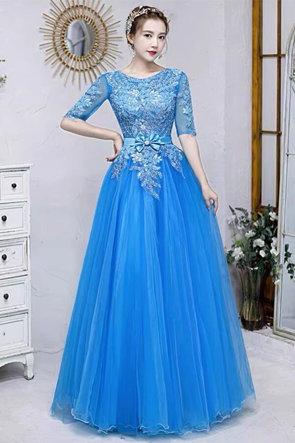 Sky Blue Scoop-Neck Beaded Tulle Ball Gown with Bow Waist