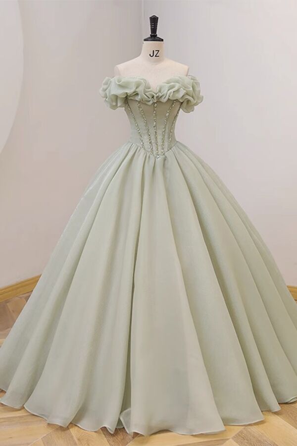 Sage Green Off-Shoulder Ruffled-Collar Corset Ball Gown