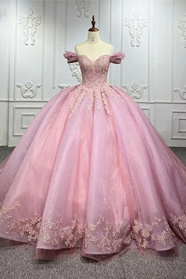 Blush Pink Off-Shoulder Lace Appliqué Tulle Ball Gown