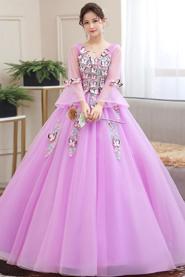Lavender Butterfly Appliqué Tulle Ball Gown — Sheer Bell Sleeves