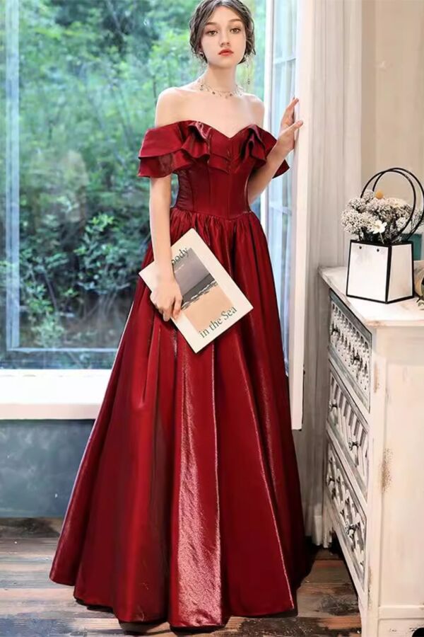 Burgundy Off-Shoulder Ruffled Satin Corset Gown