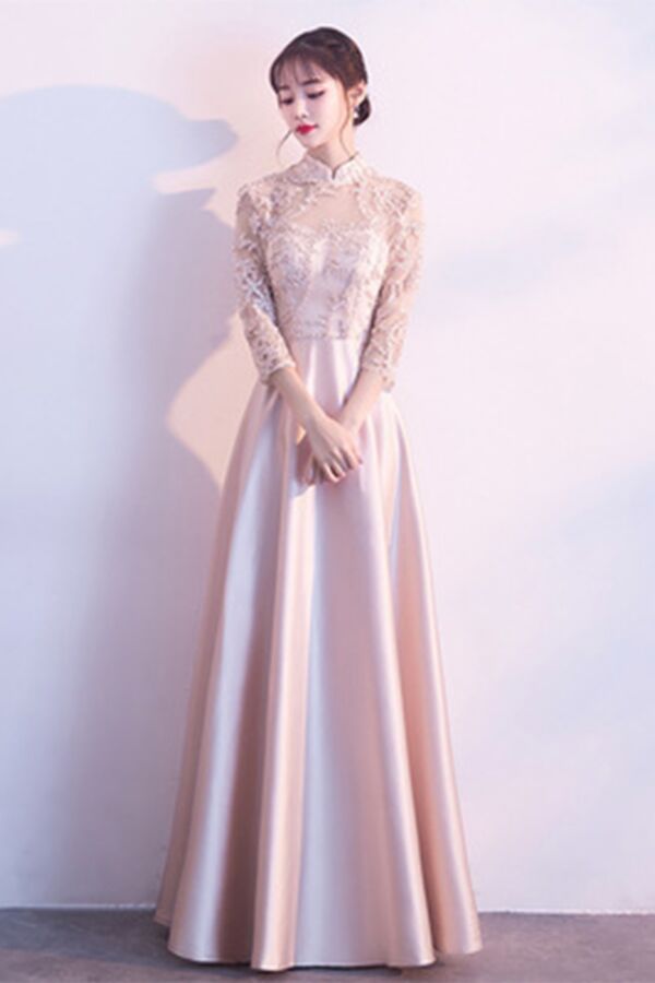 High-Neck Lace & Satin A-Line Evening Gown