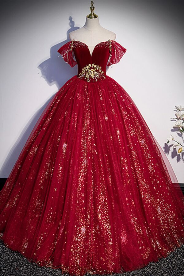 Ruby Red Off-Shoulder Starry Glitter Tulle Ball Gown with Gold Waist Appliqué