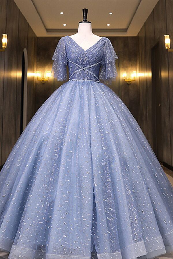 V-Neck Sequin Tulle Ball Gown with Flutter Sleeves