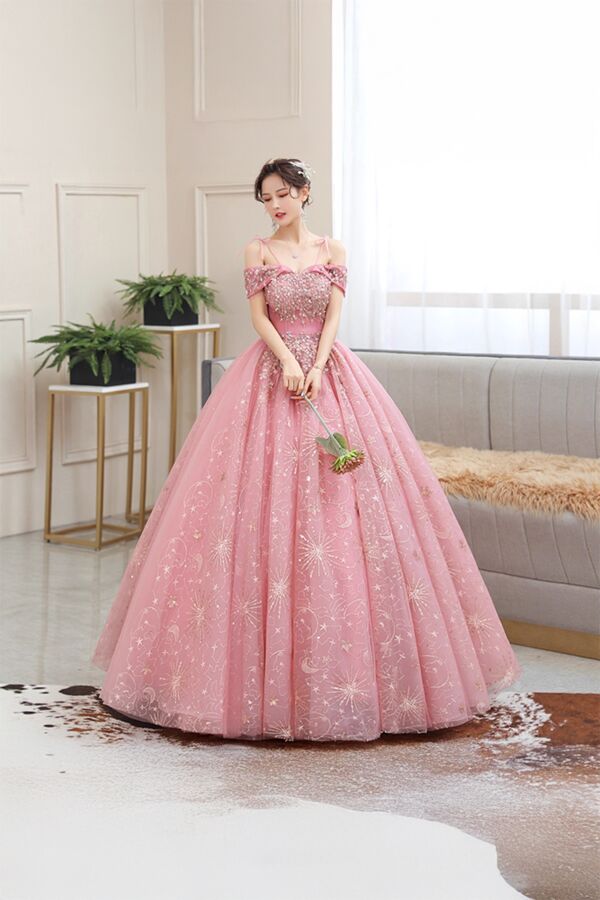 Starlit Whisper – Pink Off-Shoulder Ball Gown