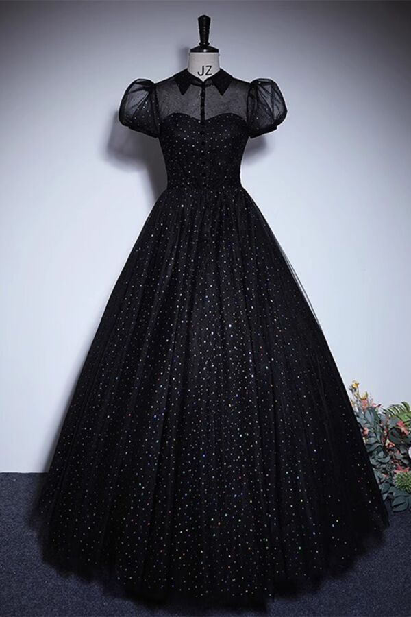 Black Glitter-Dot Tulle Ball Gown with Sheer Collar & Puff Sleeves