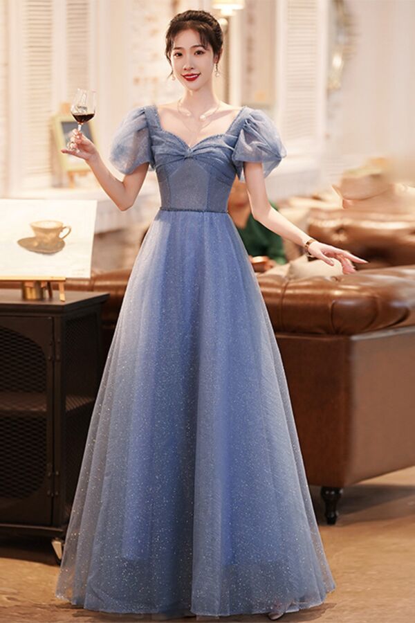 Dusty Blue Puff-Sleeve Glitter Tulle Evening Gown