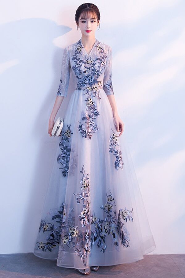 Slate Blue Embroidered Tulle Gown with Mandarin Collar