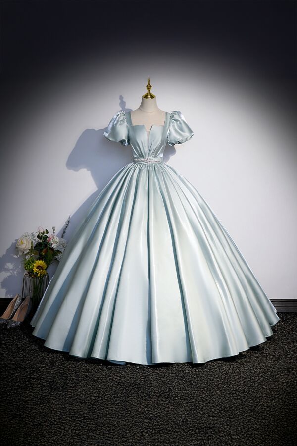 Mint Whisper – Satin Puff Sleeve Ball Gown