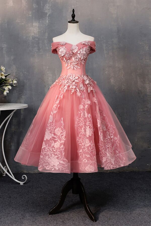 Off-Shoulder Tea-Length Ball Gown with 3D Floral Appliqué