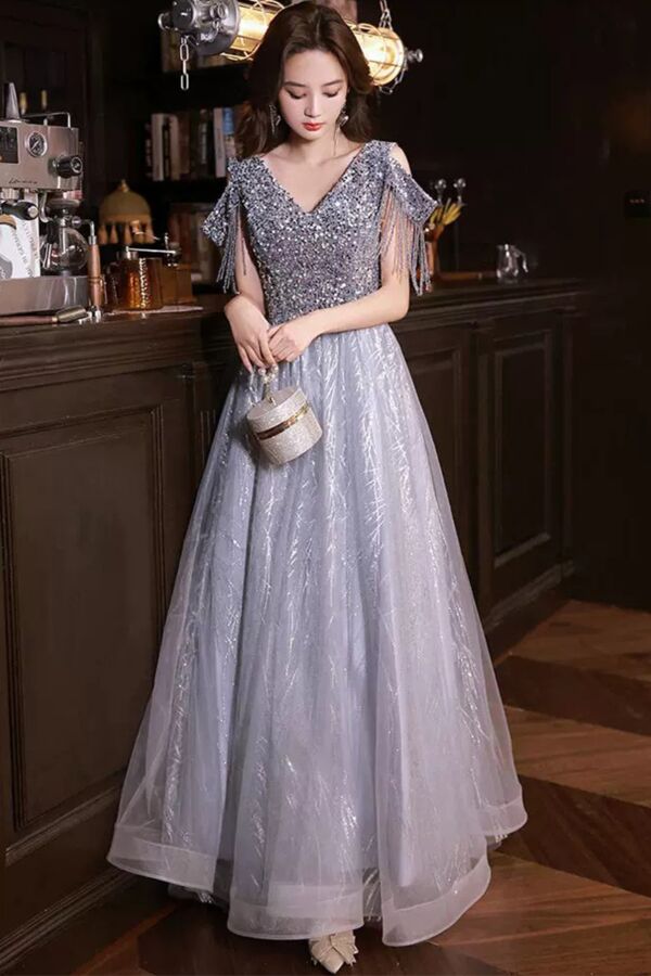 Silver V-Neck Sequin Evening Gown with Fringe Sleeves
